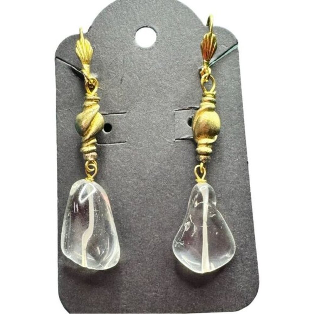 Earrings Vintage MCM Gold-Tone Leverback  Clear Glass Dangle